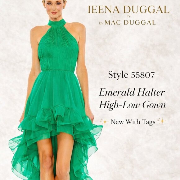 Ieena Duggal Emerald Halter High Low Organza Dress NWT Size 0 - Picture 2 of 7